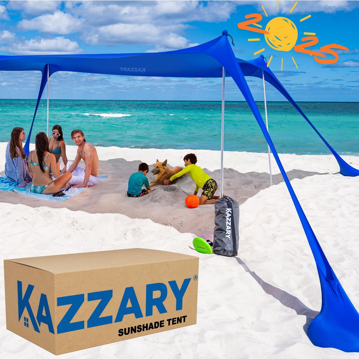 KAZZARY Beach Tent setup shows quick, solo assembly for beach shade.
