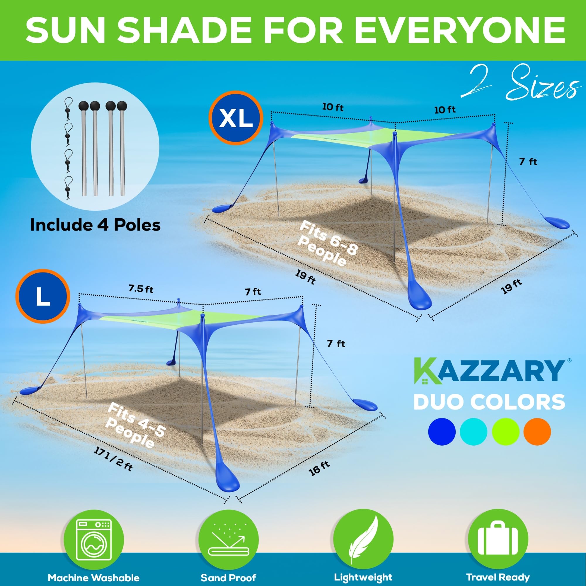 KAZZARY Beach Tent XL 10x10ft offers ample group space.