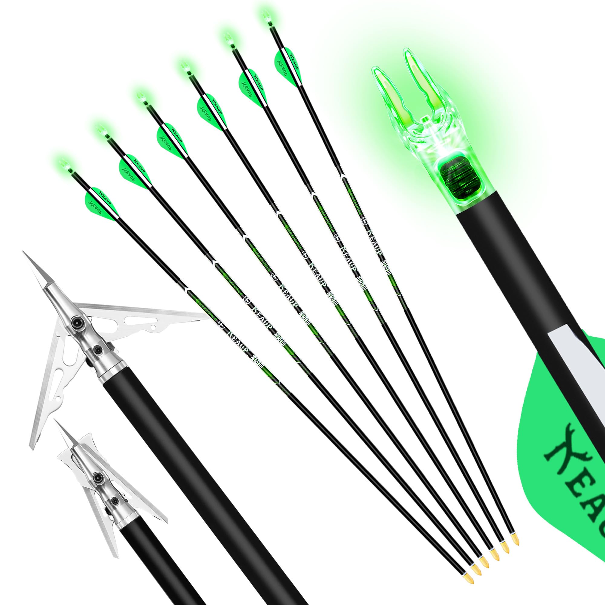 KEAUP six carbon arrows with green fletching for consistent flight.
