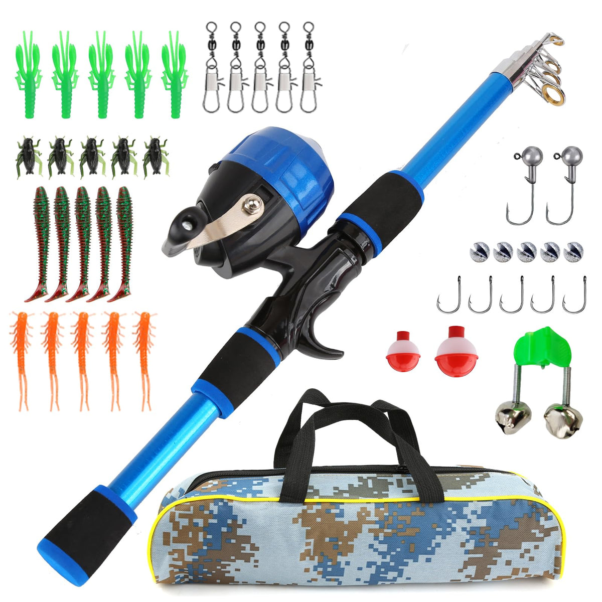 KecchKrezing blue rod and reel kit, compact travel-ready for beginners.