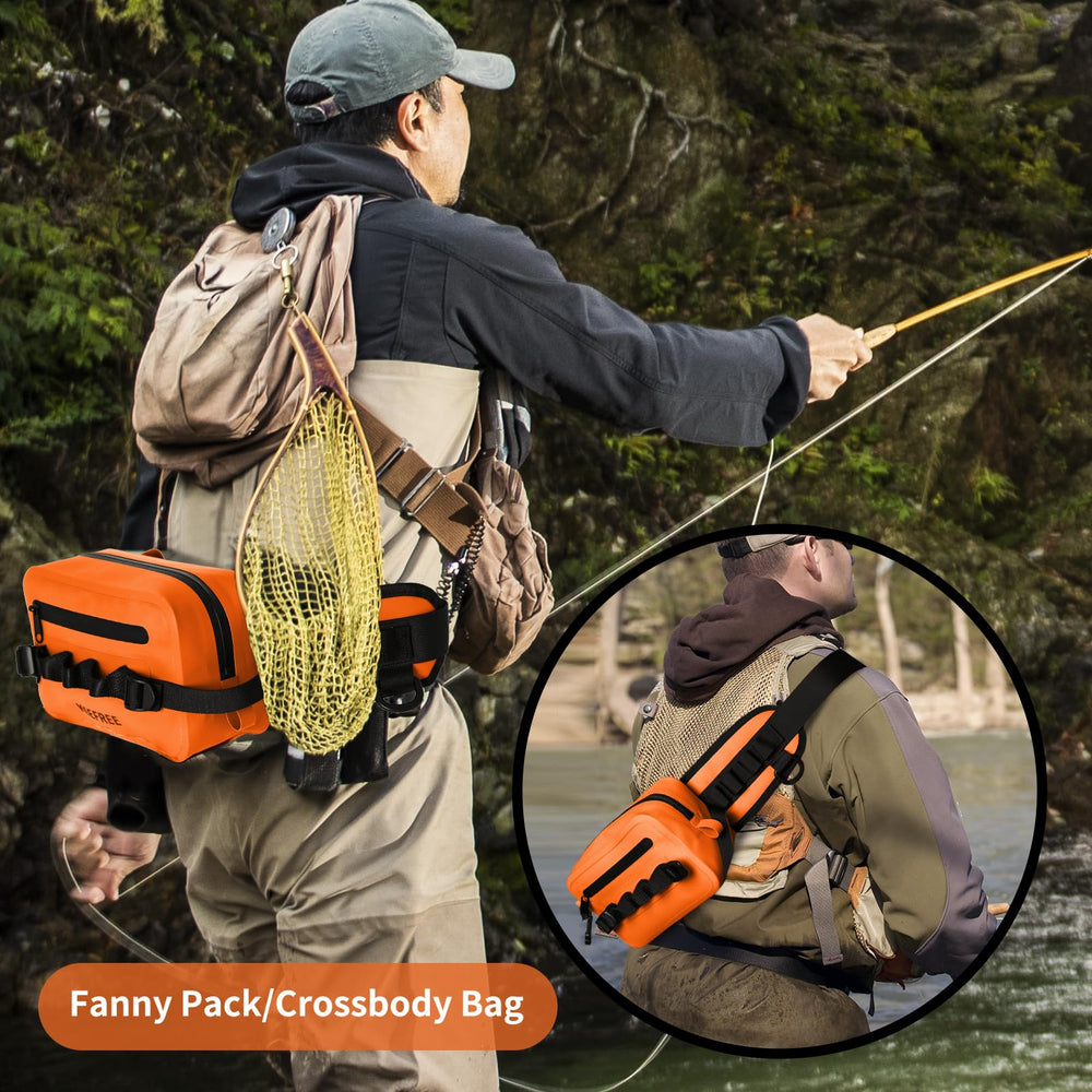 KEEFREE 2.2L orange front close-up emphasizing waterproof material and accessibility