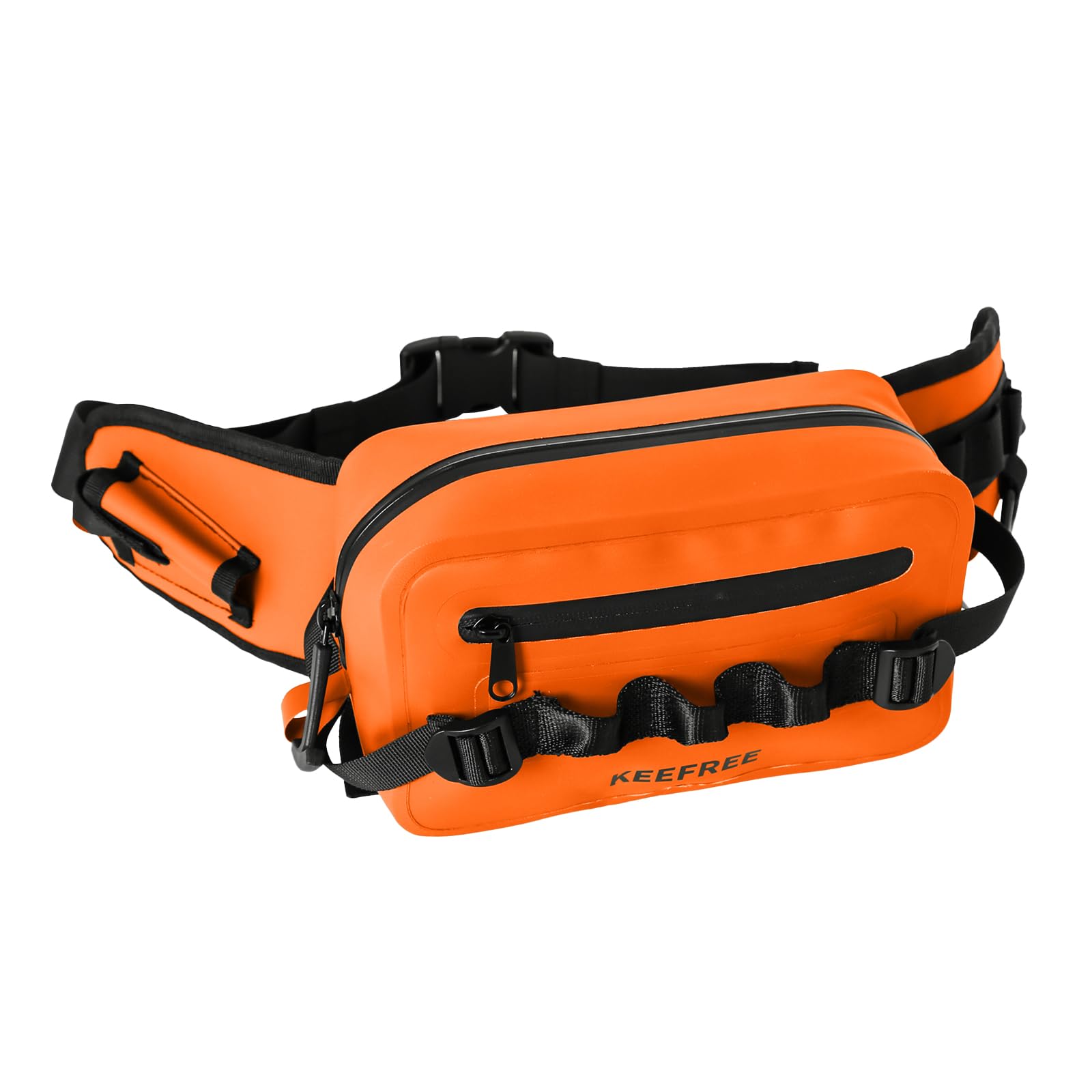 KEEFREE 2.2L waterproof waist bag orange front view showcasing dry storage for kayaking