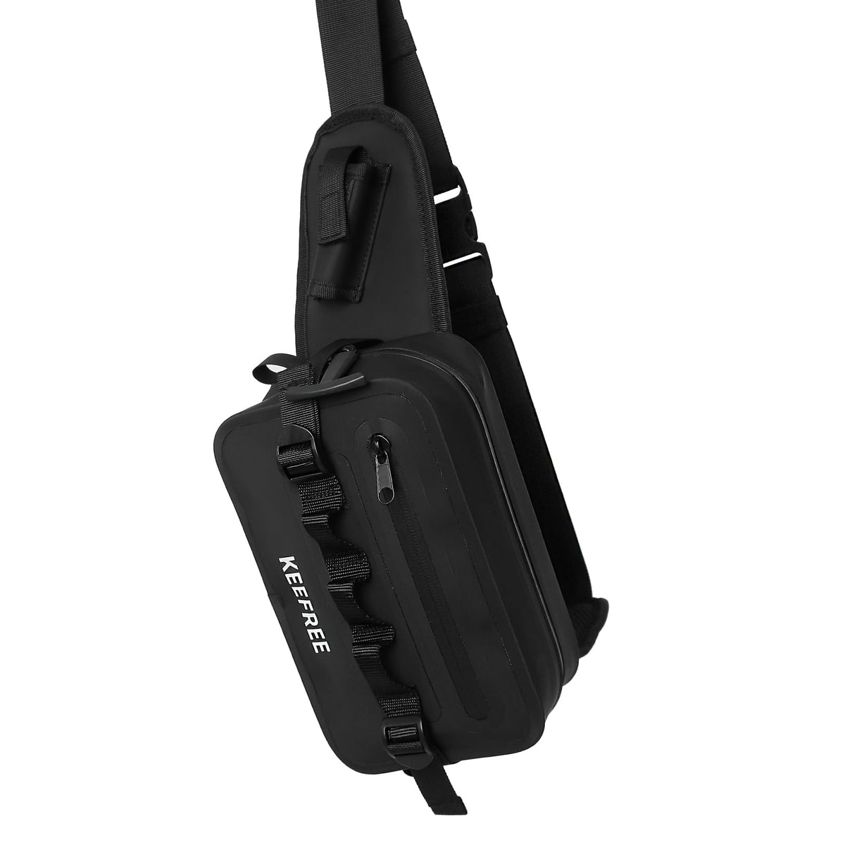 KEEFREE waterproof waist bag with fishing rod holder – front view in black