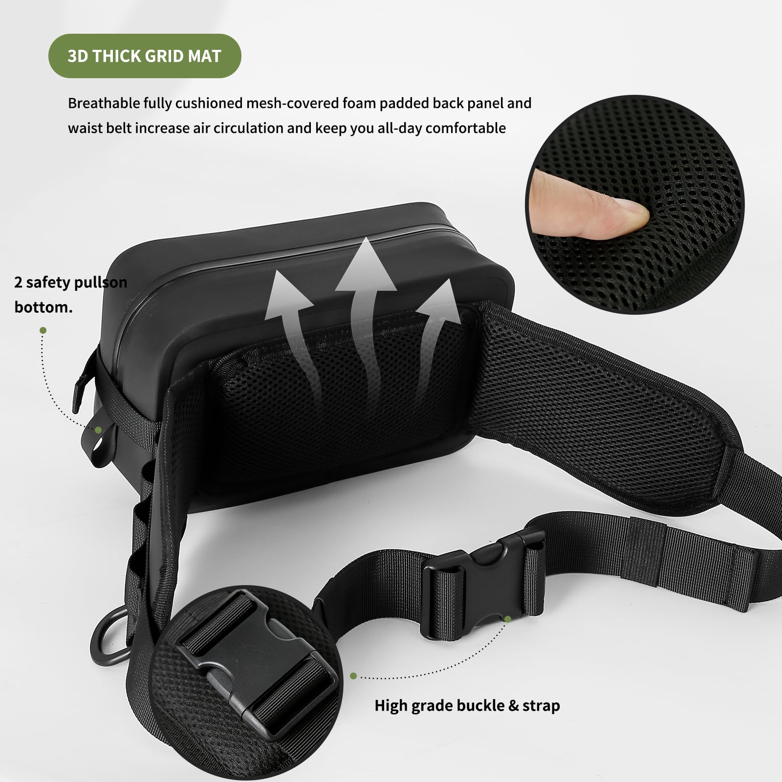 Breathable back pad and adjustable shoulder strap on the bag