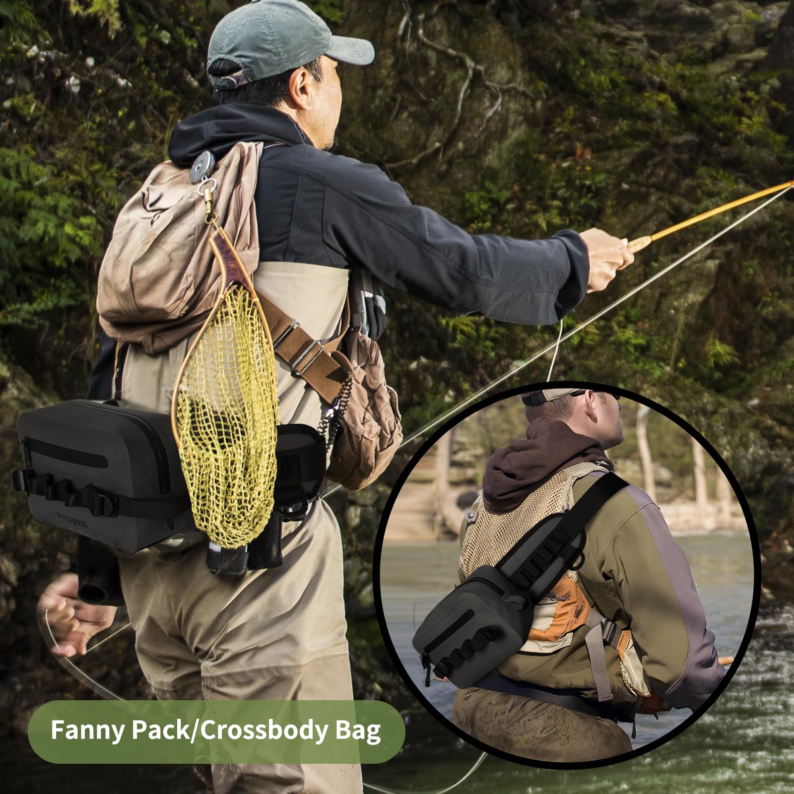 KEEFREE waterproof waist bag paired with outdoor gear for fishing