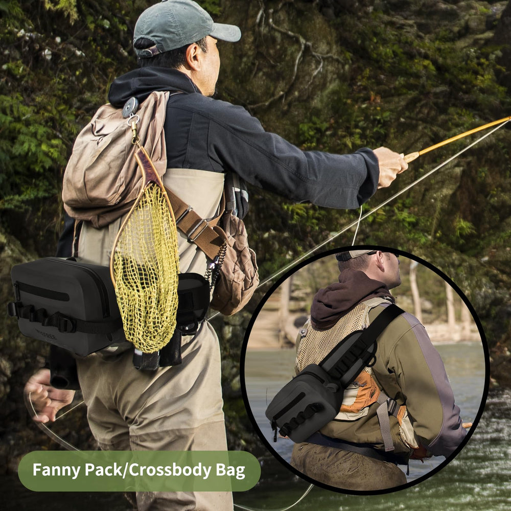 KEEFREE waterproof waist bag paired with outdoor gear for fishing