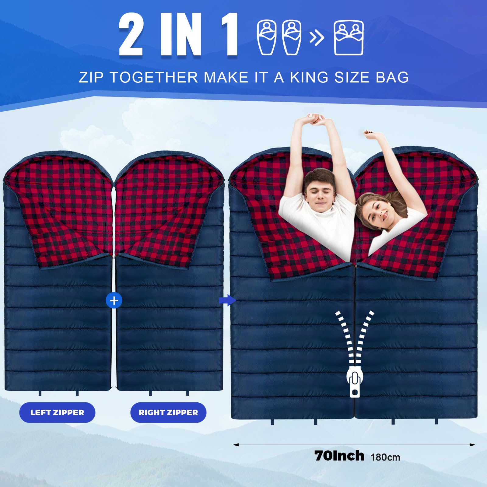 Keencamp 0 Degree Sleeping Bag left-right zipper enables double-wide sleeping setup.