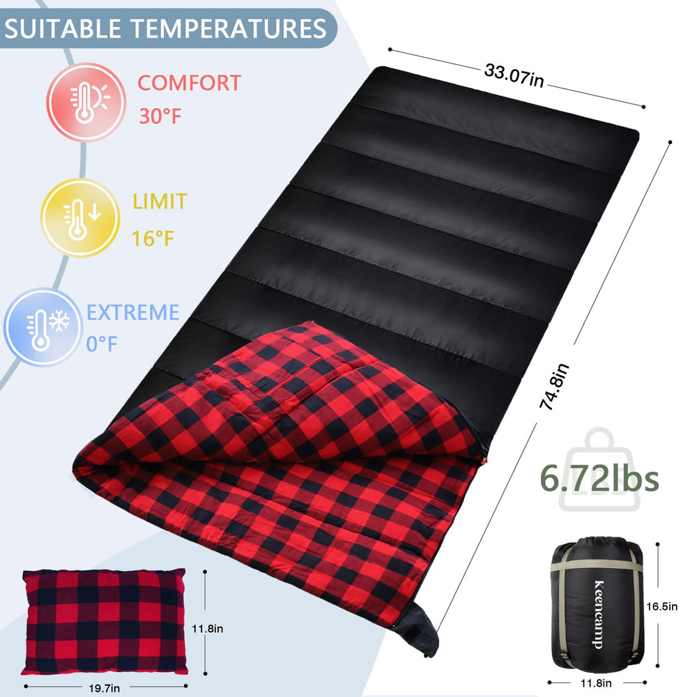Keencamp oversized XXL sleeping bag dimensions highlight extra width for tall users.