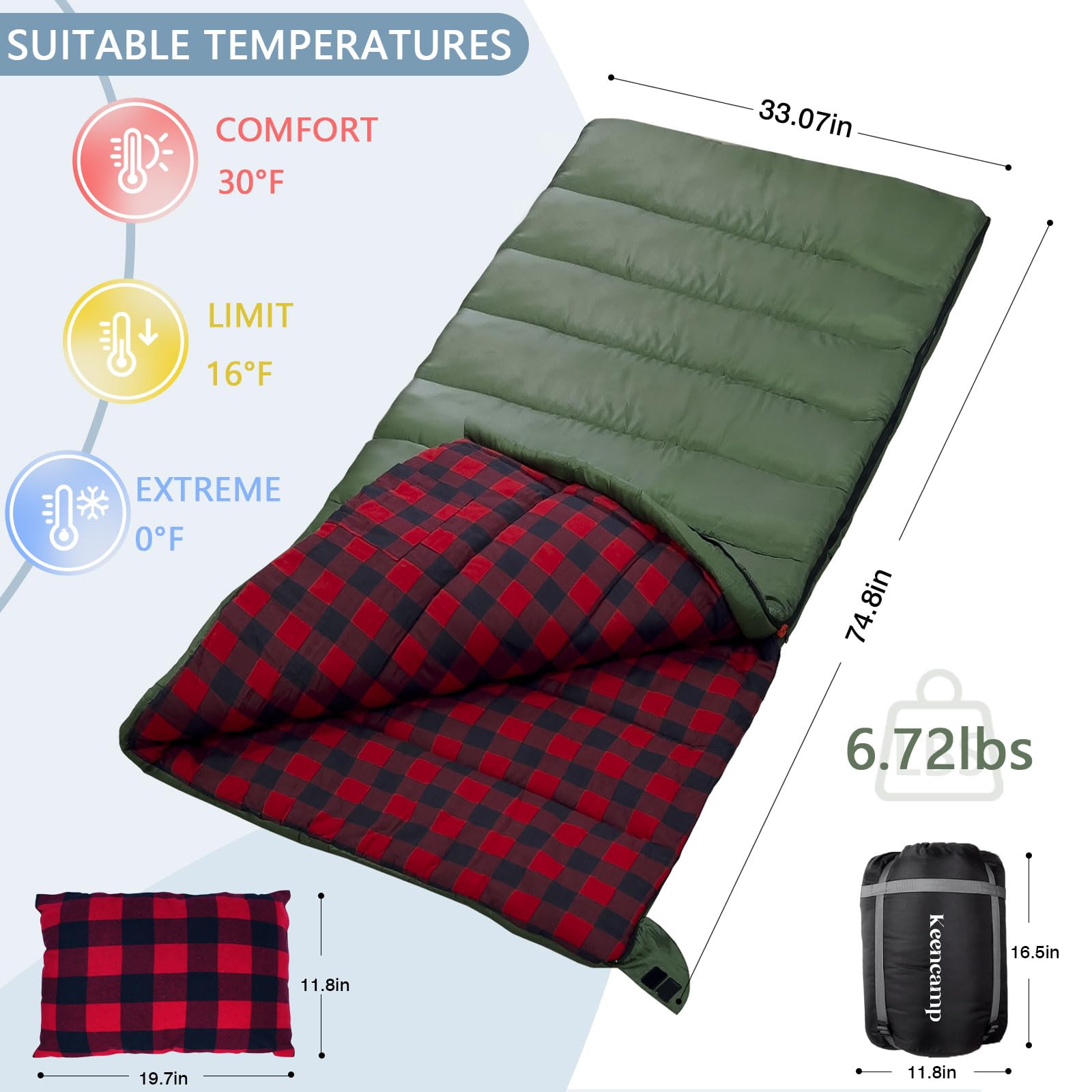 Keencamp sleeping bag with pillow included supports head and neck comfort.