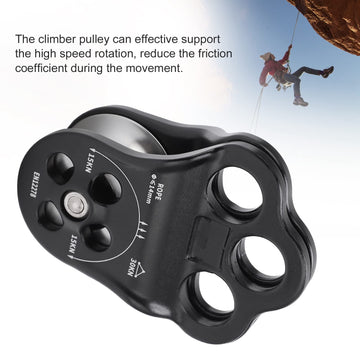 Keenso 30KN climbing pulley angle view highlights smooth rotation for easy rope management.