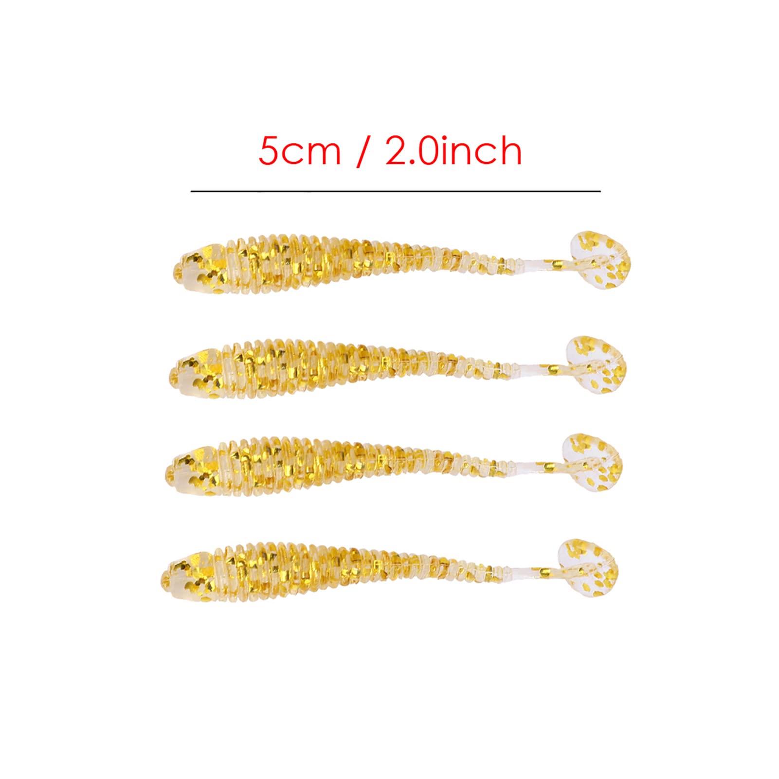 Keenso closeup of soft plastic T-tail lure in gold color showing realistic detail