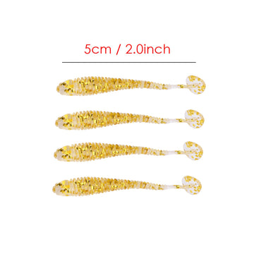 Keenso closeup of soft plastic T-tail lure in gold color showing realistic detail