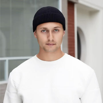 Black Fisherman Beanie with roll-up cuff, side view