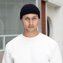 Black Fisherman Beanie with roll-up cuff, side view