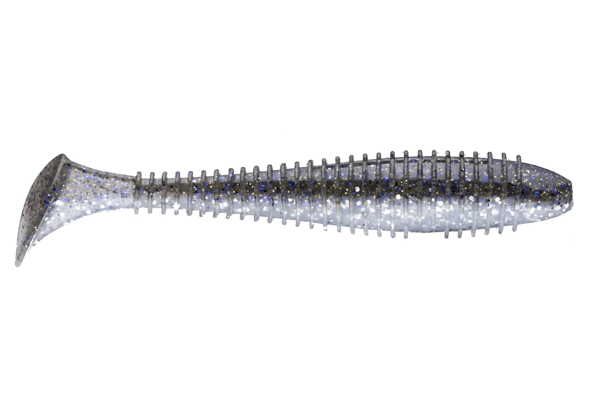 Keitech Fat Swing Impact tapered ringed body reduces snags during weedless rigging.