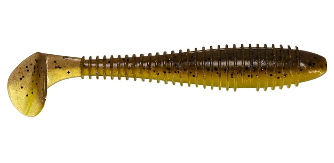 Keitech Fat Swing Impact Texas rig weedless design with ringed body for snag resistance.