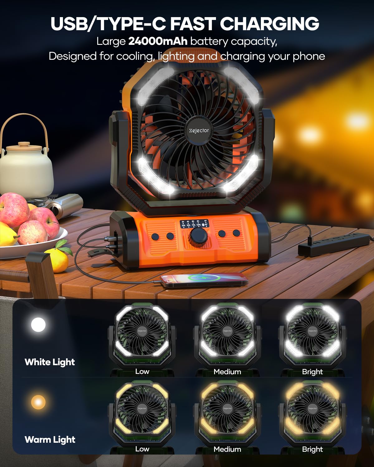 Kejector 360° oscillation covers tent interior evenly.