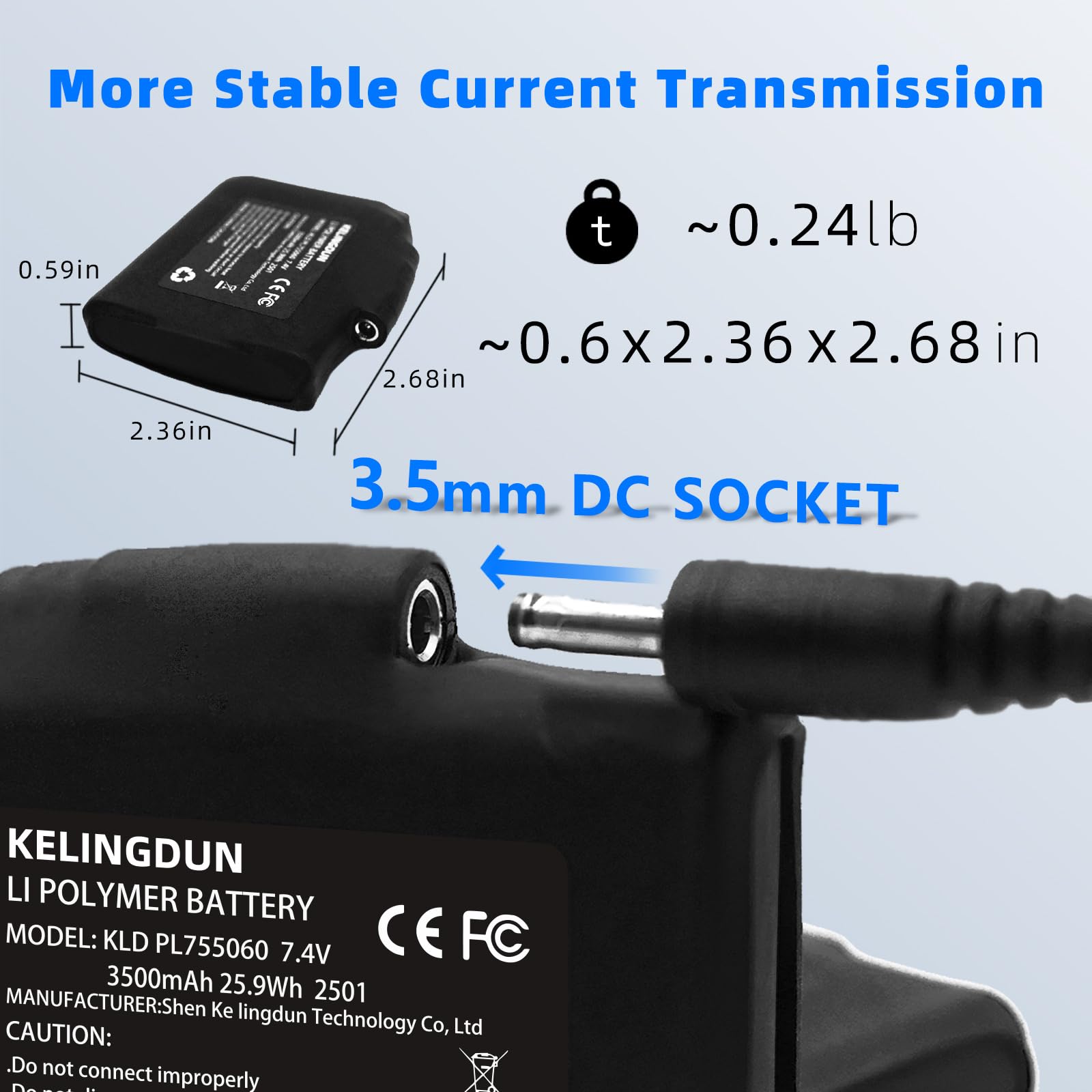 kelingdun 2pc 7-4v-3500mah capacity label close-up showing specs for heated gear