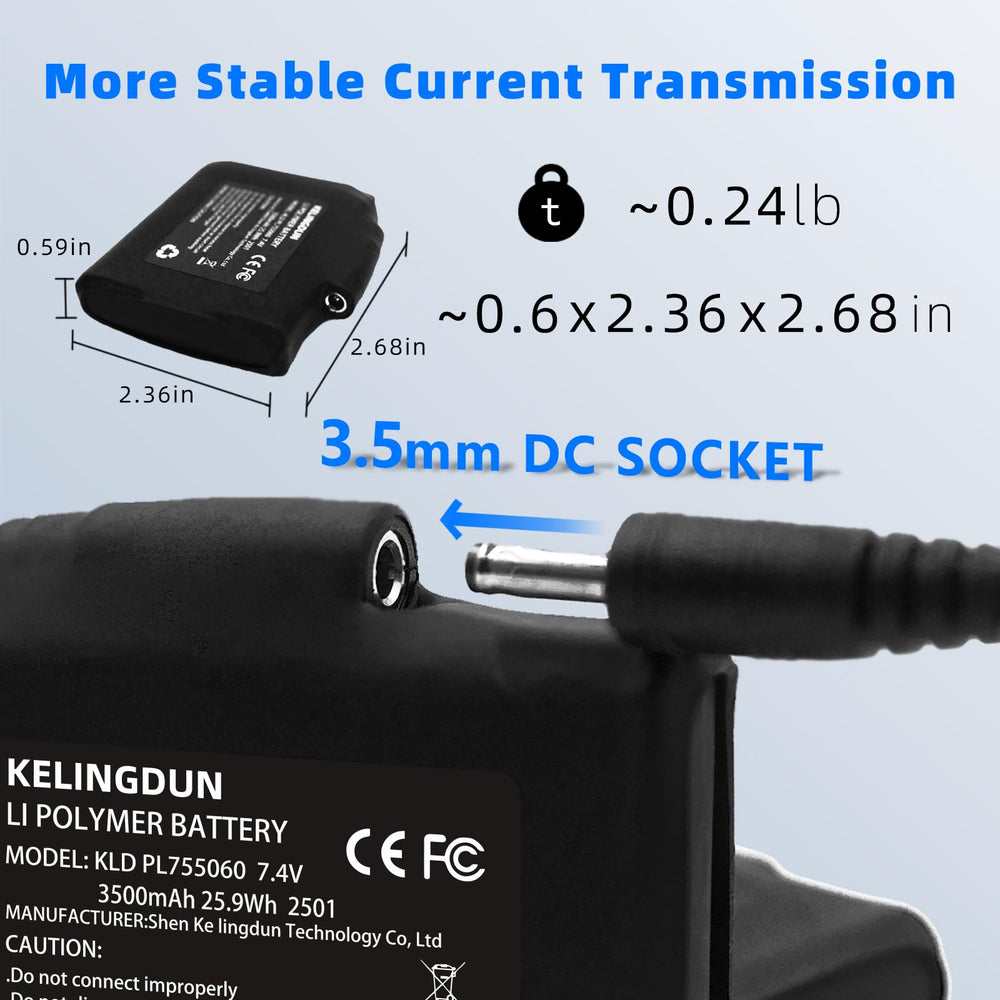 kelingdun 2pc 7-4v-3500mah capacity label close-up showing specs for heated gear