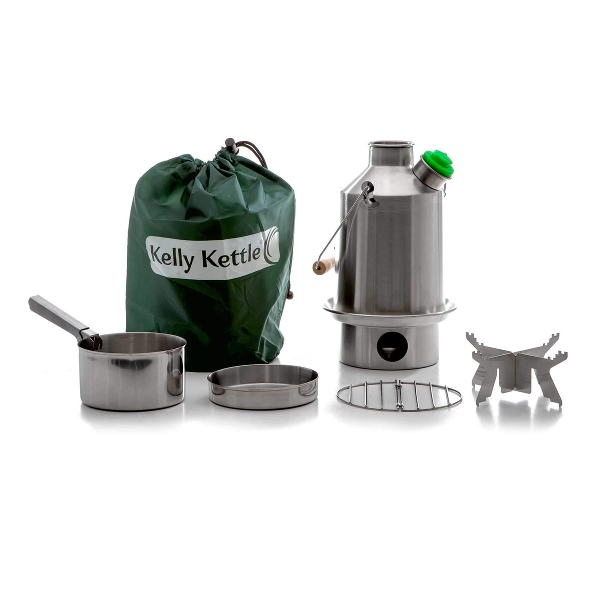 Kelly Kettle Scout 41oz stainless steel boils water quickly using sticks for outdoor cooking.