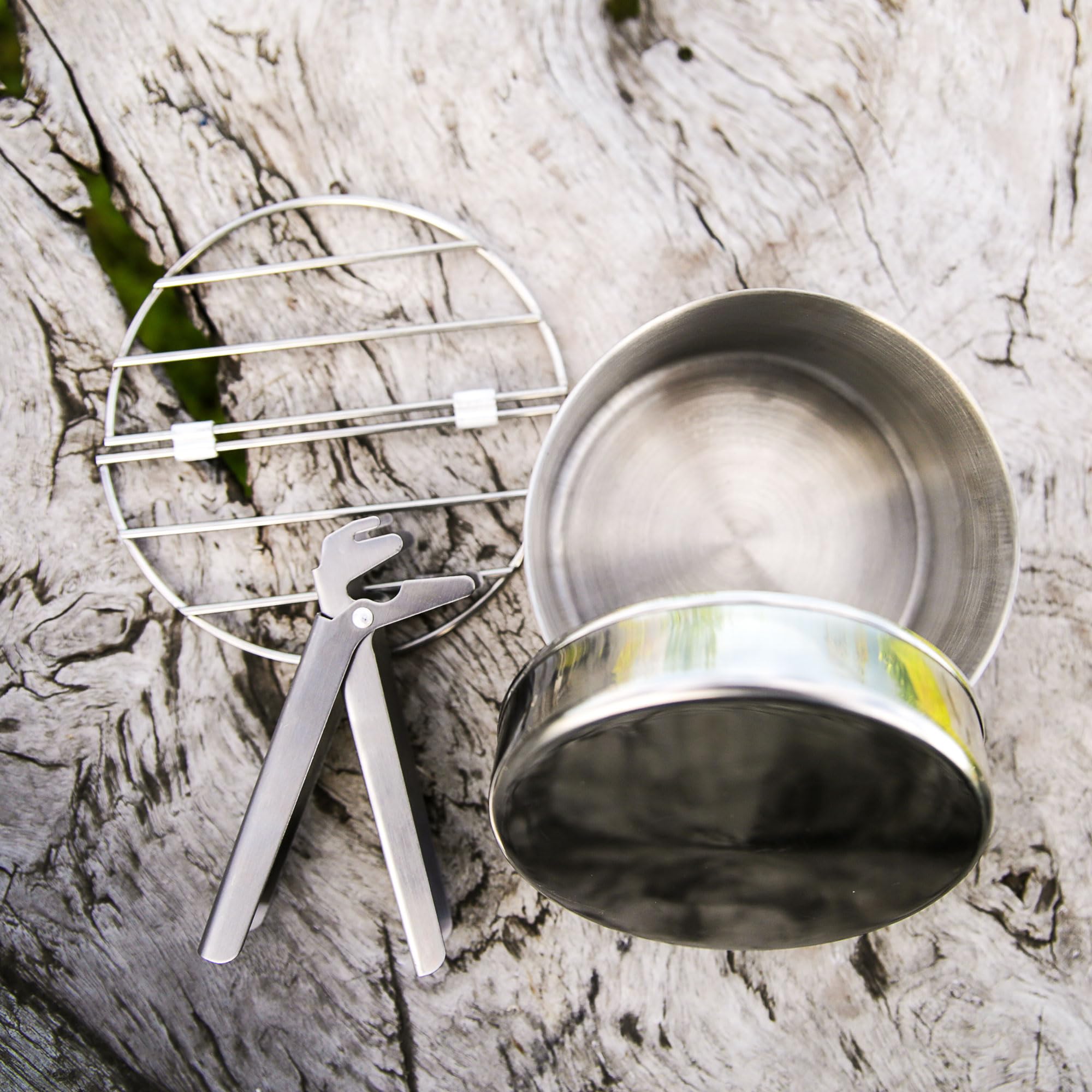 Kelly Kettle Small Cook Set grill pieces ready to grill over coals.