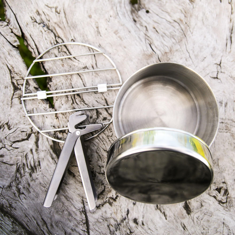 Kelly Kettle Small Cook Set grill pieces ready to grill over coals.