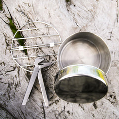 Kelly Kettle Small Cook Set grill pieces ready to grill over coals.