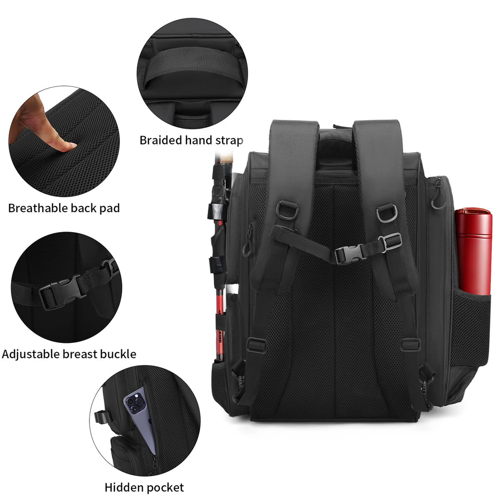 Kelokeli fishing backpack with fourteen storage areas to keep gear organized.