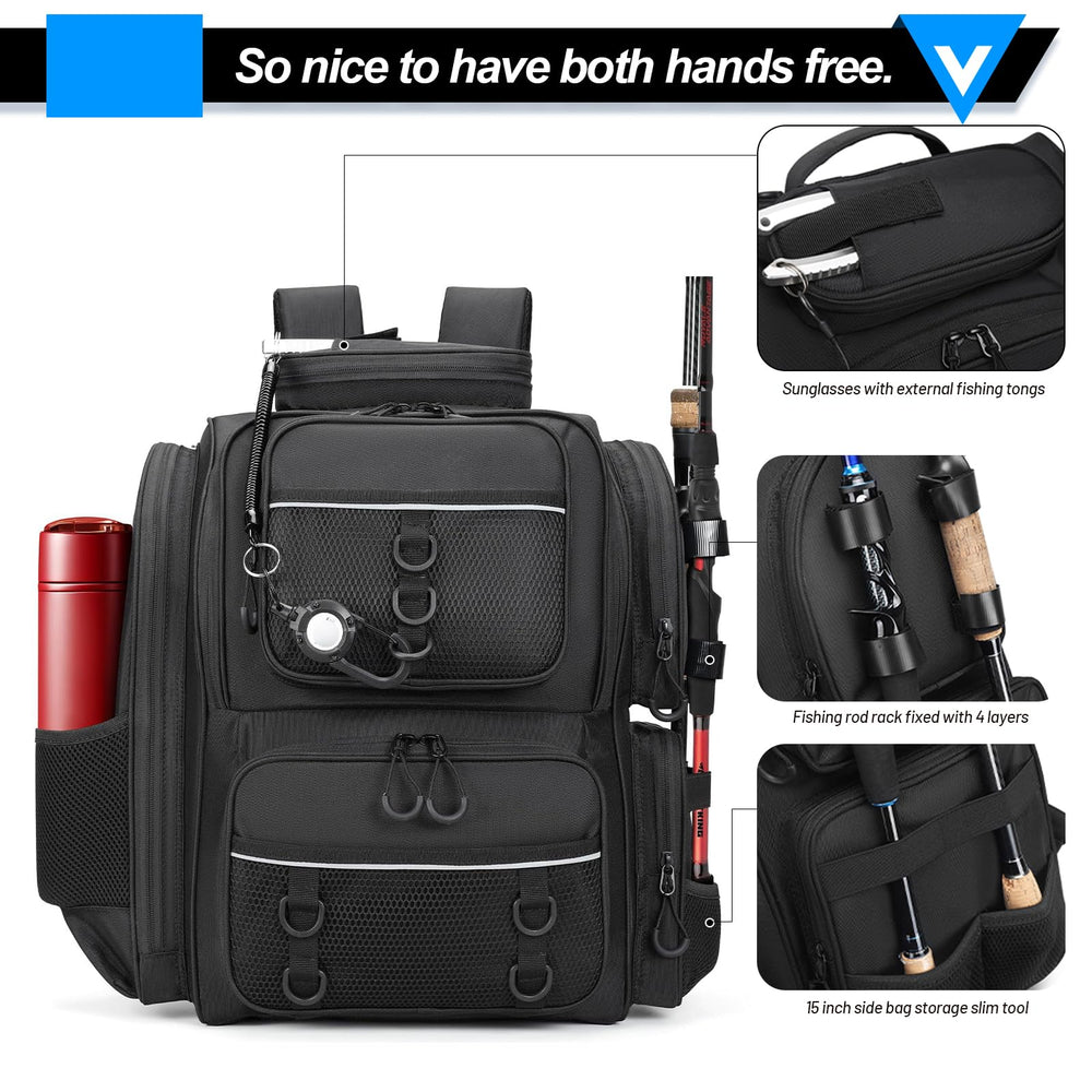 Kelokeli fishing backpack back pocket providing theft-resistant storage for essentials.