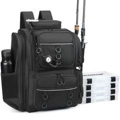 Kelokeli fishing backpack with rod holder for secure gear on the water.