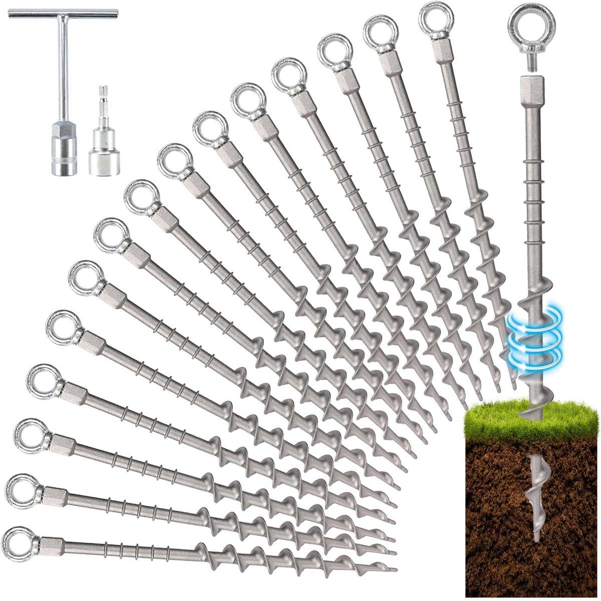 Keltrion 14-inch ground anchor screw-in showing strong grip for wind-prone camps