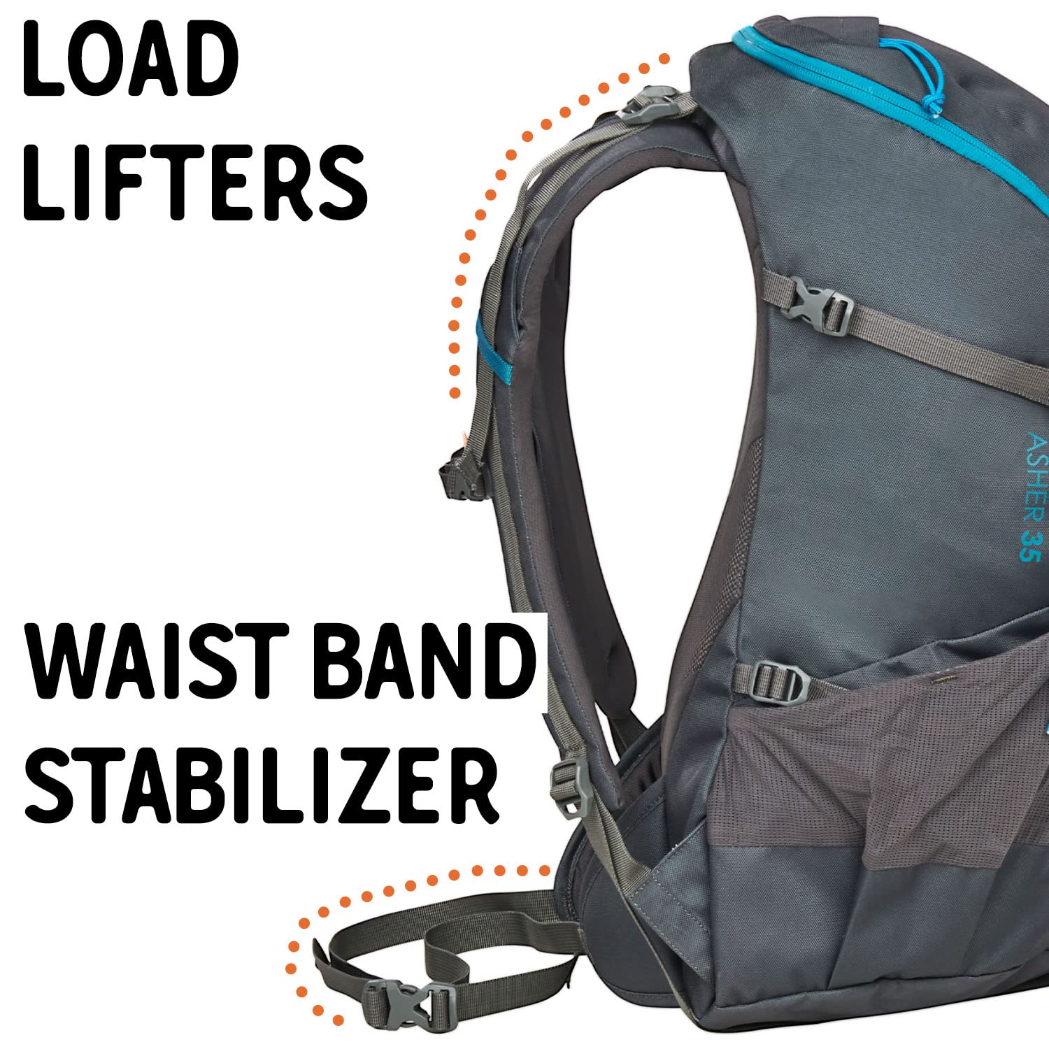 Kelty Asher fit-pro torso adjustment enables quick, customised fit on the trail.