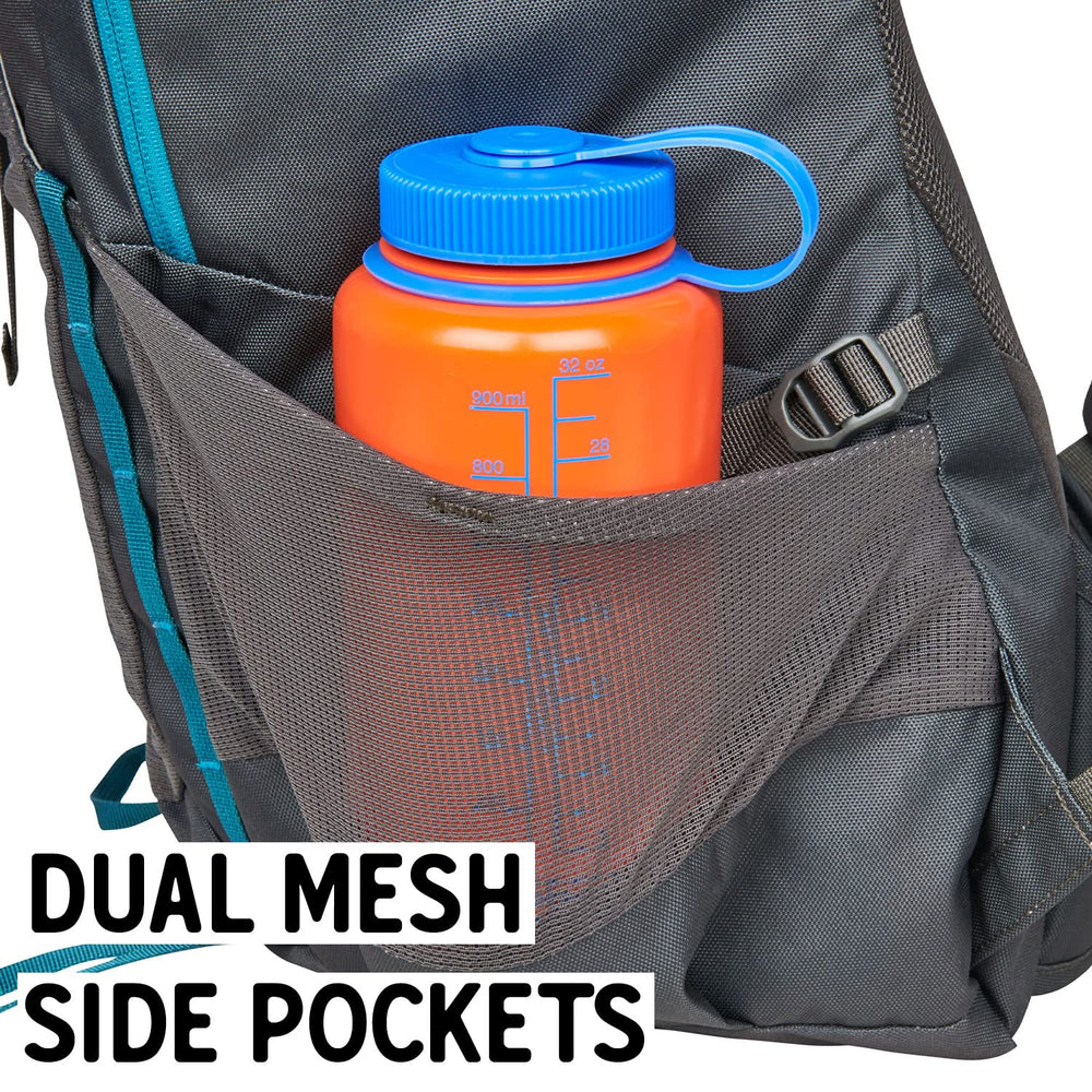 Kelty Asher side-pocket access keeps essentials within reach on hikes.