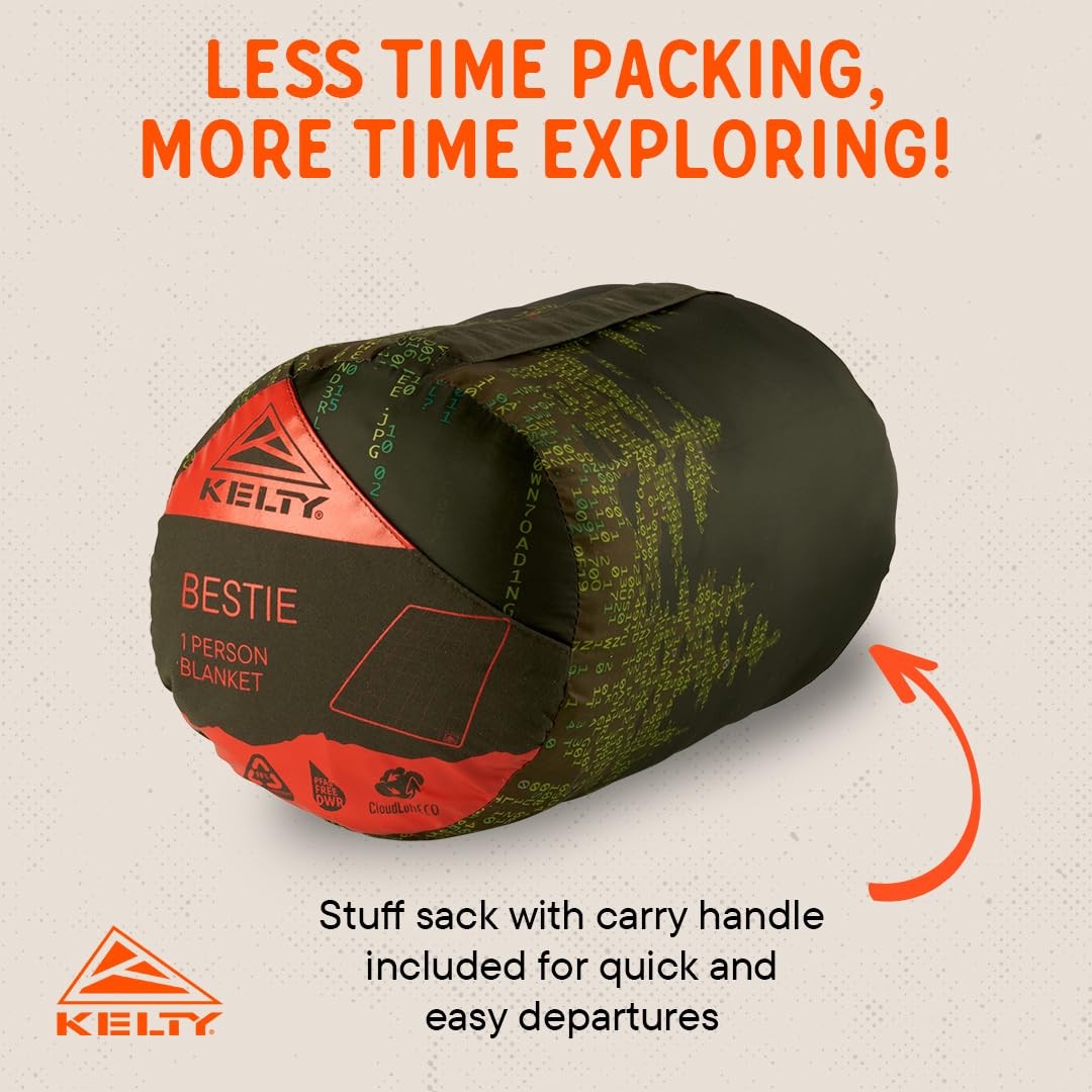 Kelty Bestie Blanket Winter Moss Treeline campsite scene demonstrates outdoor warmth.