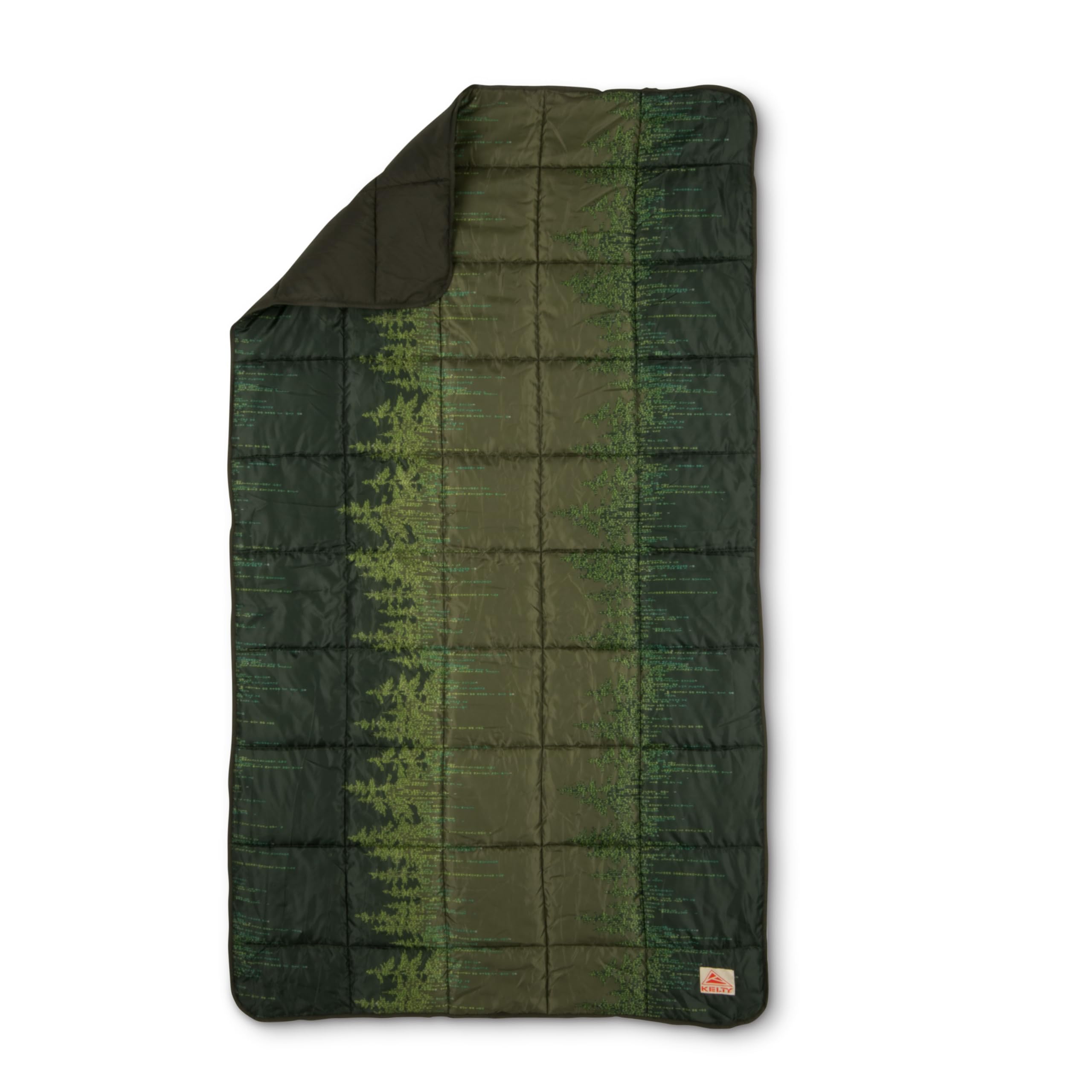 Kelty Bestie Blanket Winter Moss Treeline rolled up for travel comfort.