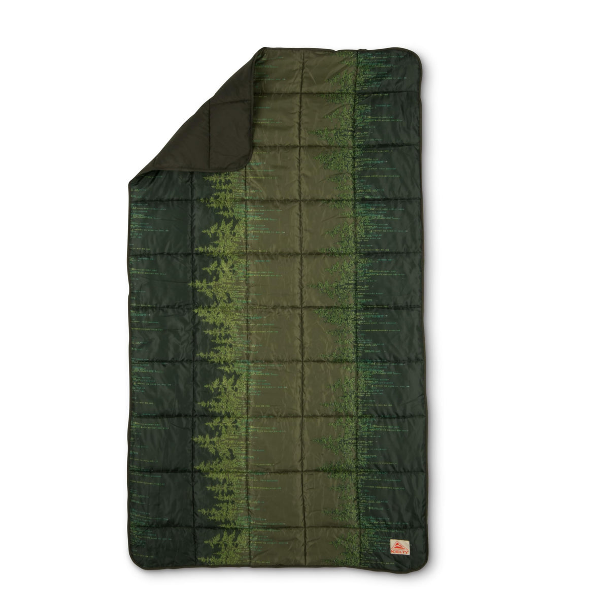 Kelty Bestie Blanket Winter Moss Treeline rolled up for travel comfort.