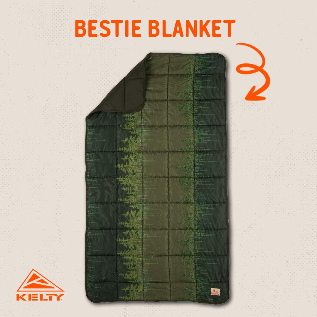 Kelty Bestie Blanket Winter Moss Treeline side view shows dual-face comfort.