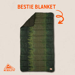 Kelty Bestie Blanket Winter Moss Treeline side view shows dual-face comfort.