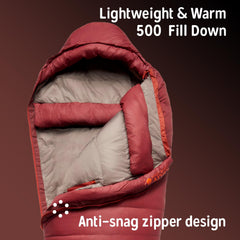 Kelty Cosmic 0 Down Mummy Bag zipper detail, anti-snag two-way venting