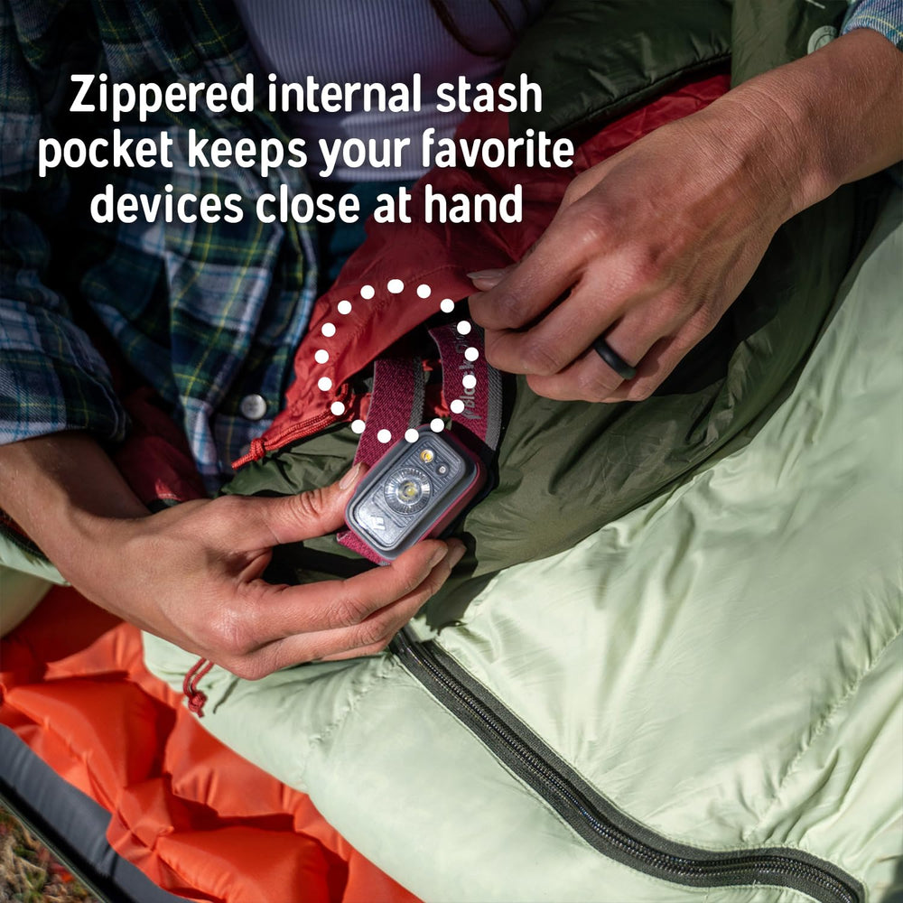 Kelty Cosmic 20 trapezoid baffles illustrate efficient heat capture for three-season camping.