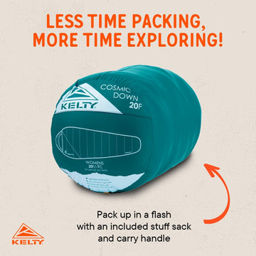 Kelty Cosmic 20F women’s sleeping bag in campsite setup for comfortable nights.