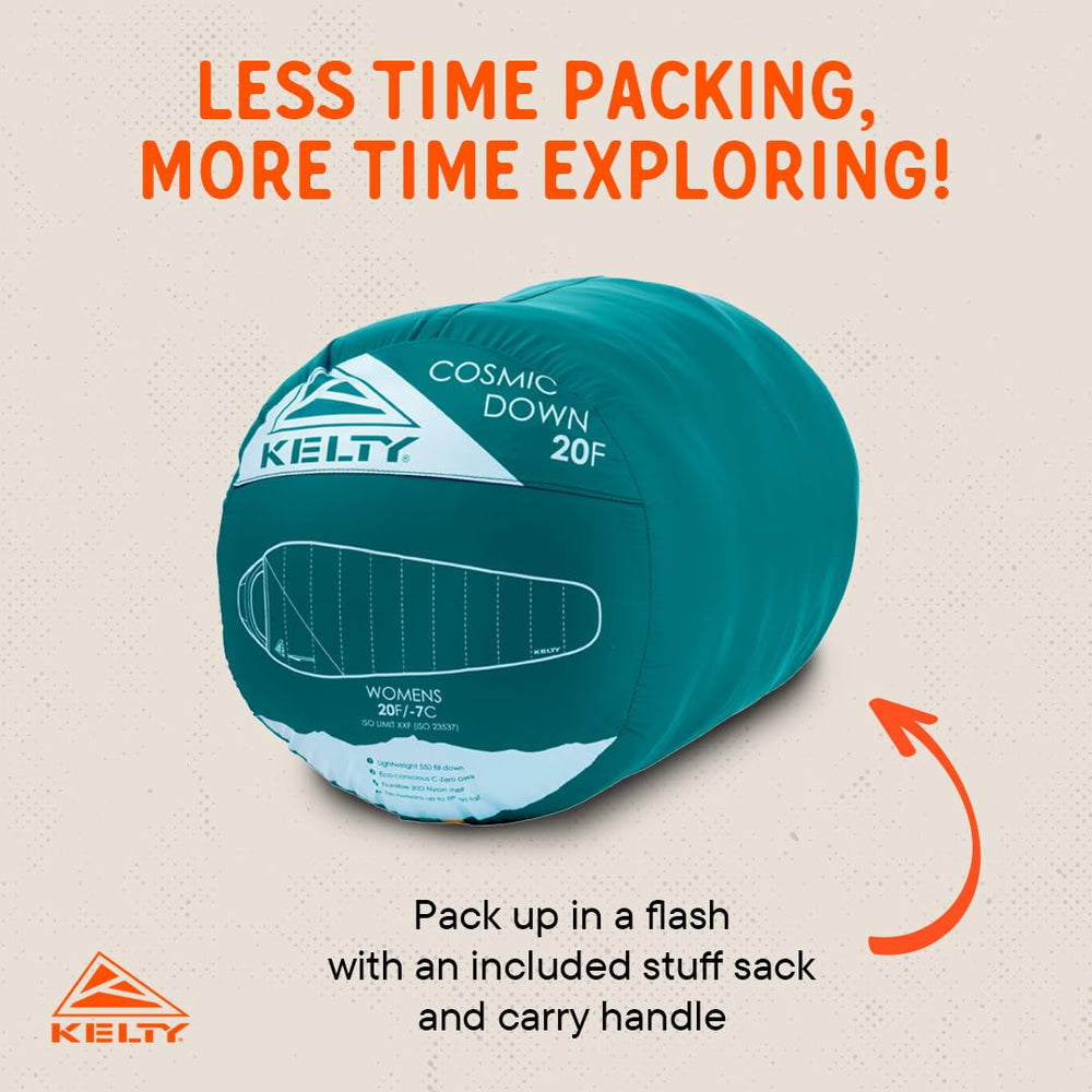 Kelty Cosmic 20F women’s sleeping bag in campsite setup for comfortable nights.