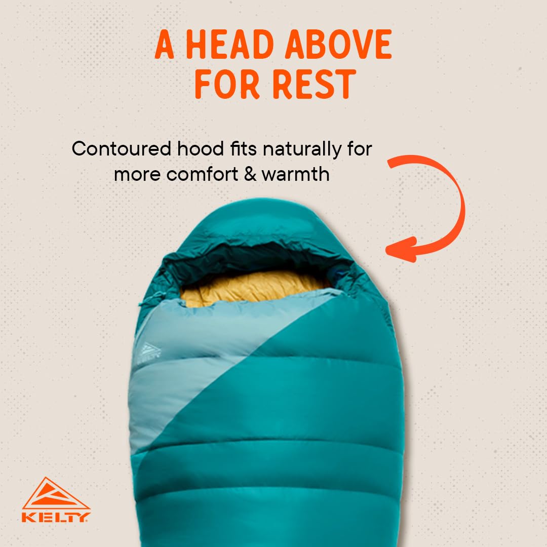 Kelty Cosmic 20F women’s sleeping bag trapezoid baffles for enhanced heat retention.
