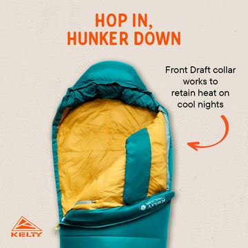 Kelty Cosmic 20F women’s sleeping bag water-repellent coating protects against moisture.