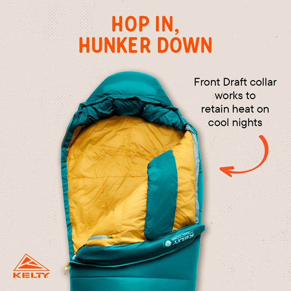 Kelty Cosmic 20F women’s sleeping bag water-repellent coating protects against moisture.