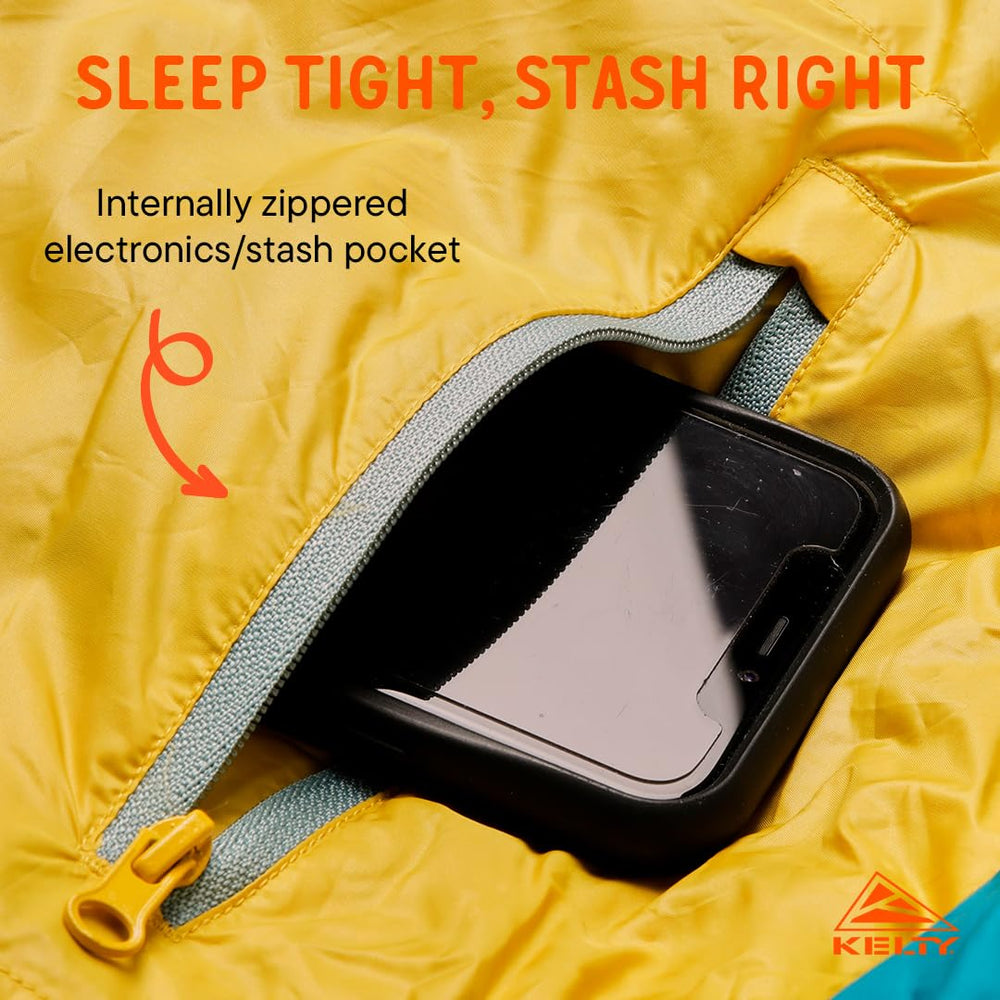 Kelty Cosmic 20F women’s sleeping bag dual zipper system for temperature control.