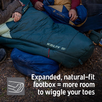 Kelty Cosmic exterior stash pocket keeps overnight essentials within reach in tent.