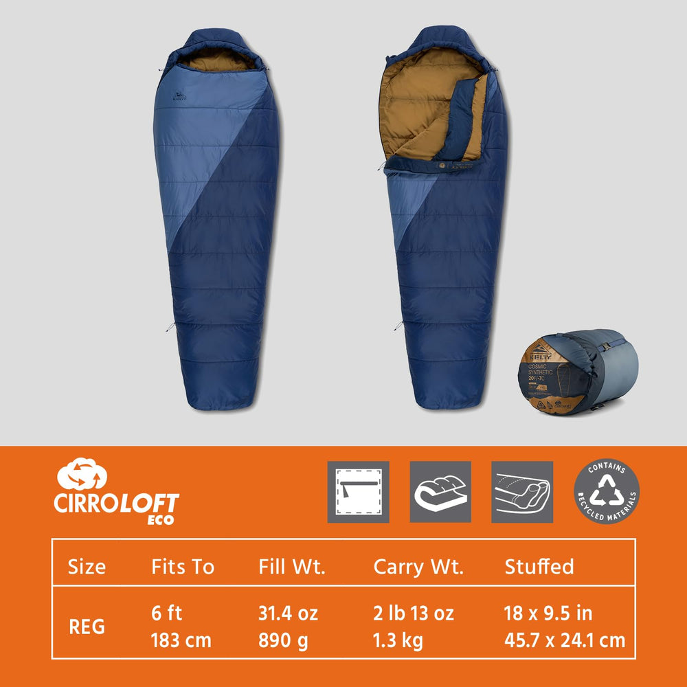Kelty Cosmic packable in stuff sack demonstrates extreme packability for lightweight carry.