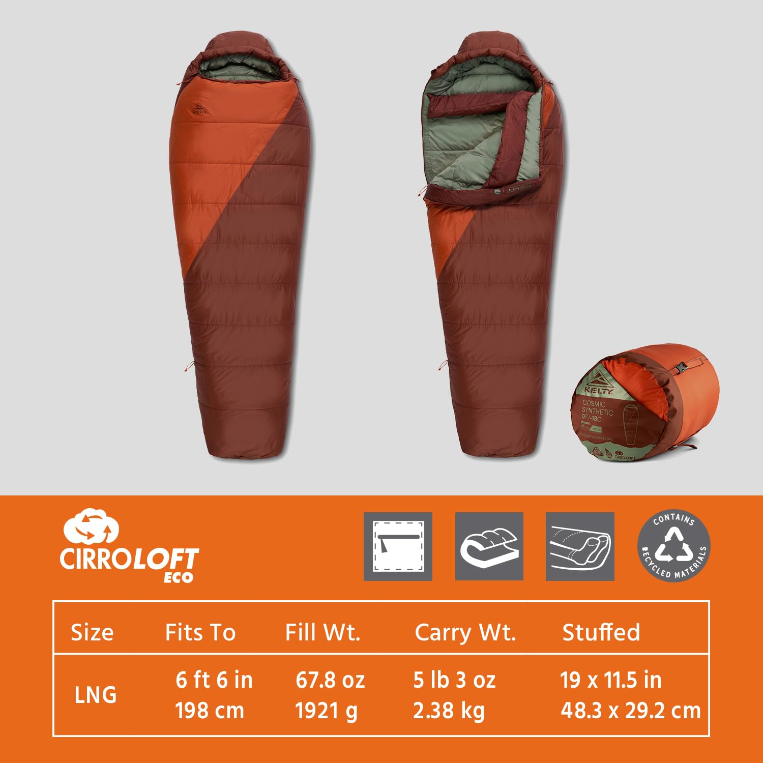 Kelty Cosmic Synthetic bag packed with compression sack for easy backpacking.