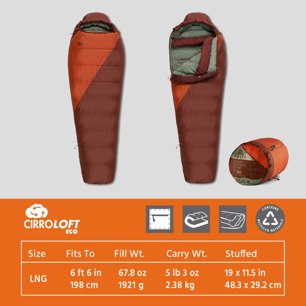 Kelty Cosmic Synthetic bag packed with compression sack for easy backpacking.